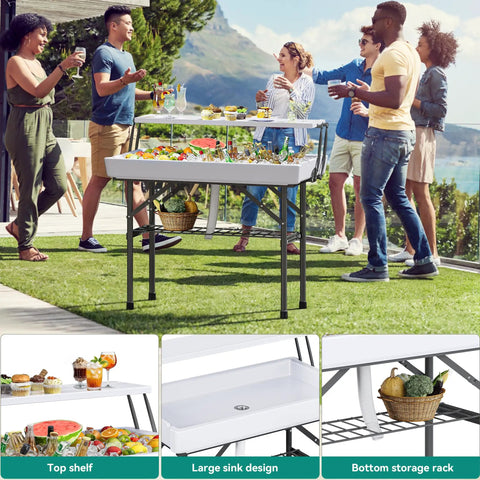 People using Two Tier Folding Ice Table With Drain And Detachable Skirt at outdoor party with food and drinks on display