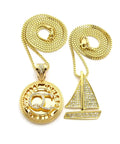 Iced Out Yacht Pendant And QC Pendant With Box Chain Necklaces Set For Hip Hop Fans Includes 24 Inch And 30 Inch Chains