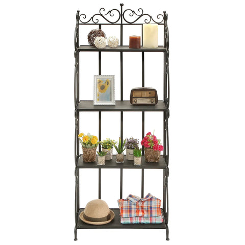 Black Metal Freestanding Storage Rack With Four Wood Shelves And Decorative Scrollwork Displays Plants Photos Or Pantry Items Looks Fresh Builds Tough Hassle Free Assembly Great For Kicking Up Any Apartment Or Home Office