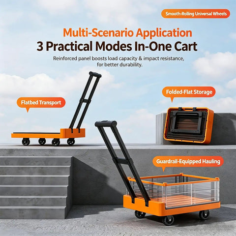 Heavy Duty Foldable Push Cart Dolly Platform Truck With Telescopic Handle And Guard Rails 330 Lbs Capacity Flatbed To Cart In Seconds Perfect For Warehouse Garage Office Hotel Moves, orange steel cart in flatbed, fenced, and folded modes