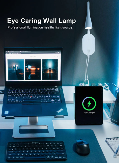 LED Wall Mount Bedside Reading Light With USB Output next to laptop and charging phone, flexible gooseneck, touch control