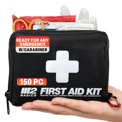 Compact 150 Piece First Aid Kit With Carry Bag And Carabiner For Travel Car Hiking Purse Emergency Readiness On The Go Essentials For Minor Injuries Everyday Use