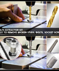 Left Hand Drill Bit And Screw Extractor Set 22 Pcs in use on metal surface for removing screws and bolts