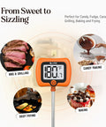 Image of Hands Free Digital Candy Thermometer with Pot Clip, 10 Inch Stainless Steel Probe, showing BBQ, candy, baking, frying uses.