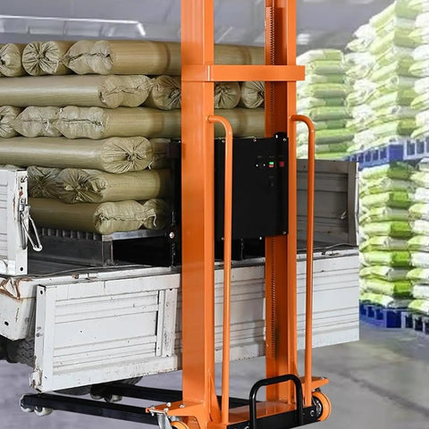 Heavy Duty Electric Pallet Stacker With Rock Solid Hydraulic Rig Designed To Haul 1100 Lb Pallets And Climb Four Feet High Without Breaking A Sweat In Crowded Shops lifting bags on a truck.
