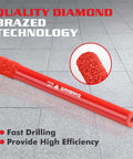 Goldblatt red diamond hole saw in sleeve, 14mm diameter; side view with close-up grit tip