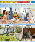 Heavy-Duty X Shaped Sensory Swing Stand for Kids with Pod Chair in indoor playroom and outdoor backyard settings.