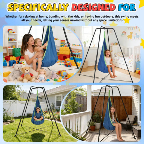 Heavy-Duty X Shaped Sensory Swing Stand for Kids with Pod Chair in indoor playroom and outdoor backyard settings.
