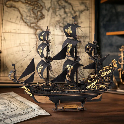 Epic 3D Seahorse Barque Wooden Puzzle Kit For Adults And Teens, Realistic 1 To 100 Scale Ship Model Craft, Durable Wood Pieces, Long And Challenging Build, A Standout Gift For Sea Lovers And Puzzle Fans. Black 3D wooden ship model on stand