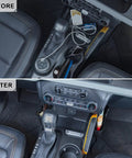 Before and after installation of Gear Shifter Organizer For Ford Bronco 2021 Through 2026 2 And 4 Door Center Console Storage Tray.