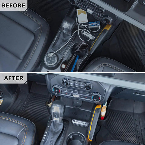 Before and after installation of Gear Shifter Organizer For Ford Bronco 2021 Through 2026 2 And 4 Door Center Console Storage Tray.