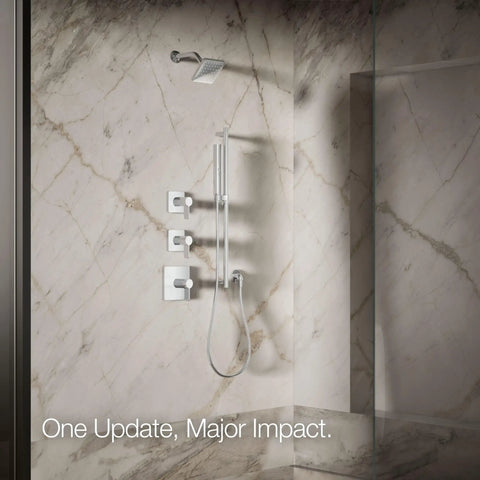 Modern bathroom with Parallel SF 2.5 GPM Showerhead in polished chrome mounted on marble wall