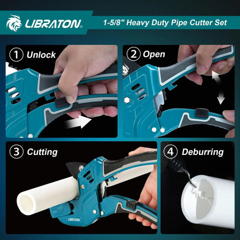 Heavy Duty PVC Pipe Cutter With Ratchet For PEX PVC And PPR Hoses Up To One And Five Eighths Inch Capacity in use, showing cutting and deburring steps.