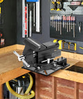 Straight Up Heavy Duty Carbon Steel Bench Vise And Grinder Table Mount Featuring Rock Solid Grip Portable Black Finish in workshop setting.