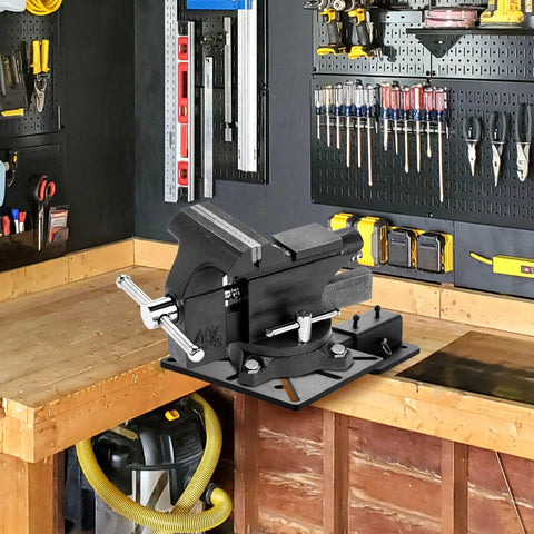 Straight Up Heavy Duty Carbon Steel Bench Vise And Grinder Table Mount Featuring Rock Solid Grip Portable Black Finish in workshop setting.