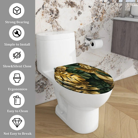 Elongated Resin Toilet Seat for Bathroom with gold leaf design, fitting standard toilets, easy to clean.