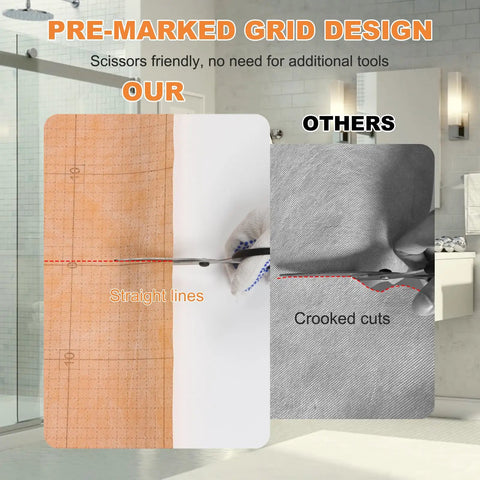 Comparison showing Rock Solid Waterproof Membrane 108 Square Feet With Pre Marked Grid Design for easy cutting.