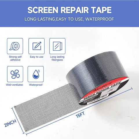 Heavy Duty Window Screen Repair Tape 2 Inch By 15 Foot Roll, Tough Adhesive Mesh Patch Kit For Windows Or Doors, Easy DIY Fix For Tears And Holes, Black Finish