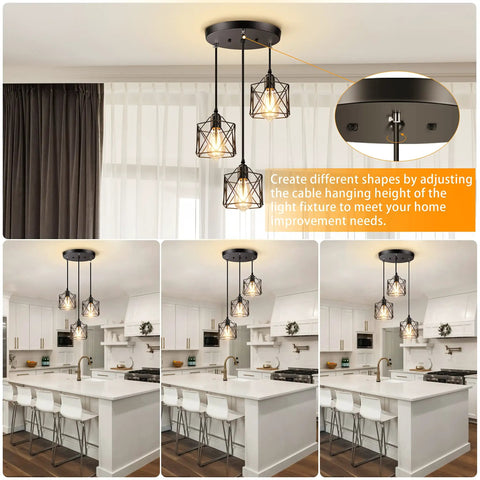 Industrial 3 Light Pendant Light With Adjustable Length Hanging Fixture Black Metal Cage Farmhouse Pendant for kitchen