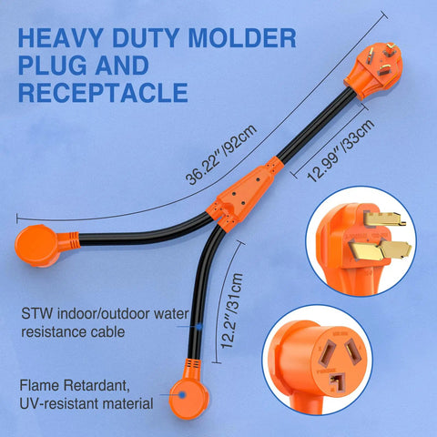 Hefty Dryer To EV Y Splitter Cord 30 Amp Male Dropping Down To Dual 30 Amp Female Nema Jacks, 36.22 inch length.