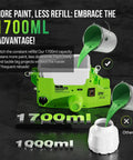 Heavy Duty 500W Cordless Airless Paint Sprayer With Dual 4000 mAh Batteries And 1.7L Tank highlighting 1700ml paint capacity with green paint.