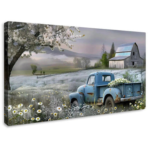 Farmhouse Canvas Wall Art Blue Vintage Pickup Truck With Blooms Over Rustic Barn Scene Farmhouse Vibes Country Charm Cozy Home Decor 58x28 Inches Antique Vehicle Print for Living Room Bedroom or Guest Room