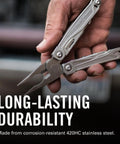 Hand holding Wingman Multitool With Spring Action Pliers And Scissors Stainless Steel 14 Tools In One For Home Worksite And Outdoors