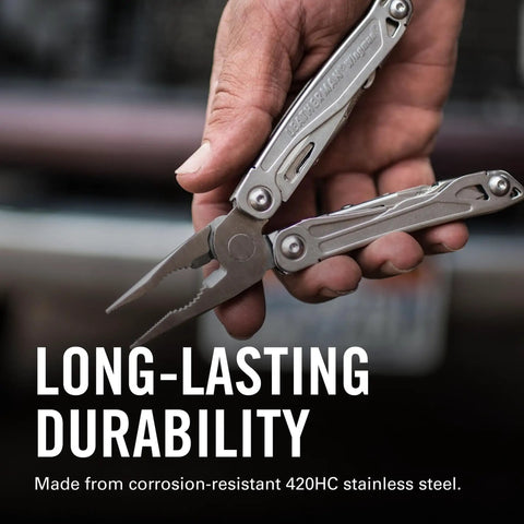 Hand holding Wingman Multitool With Spring Action Pliers And Scissors Stainless Steel 14 Tools In One For Home Worksite And Outdoors