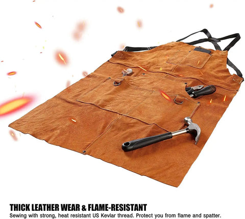 Leather Welding Apron With 6 Pockets, Heat And Flame Resistant Heavy Duty Cowhide Shield, 24 x 42 Inches Full Coverage, tools included