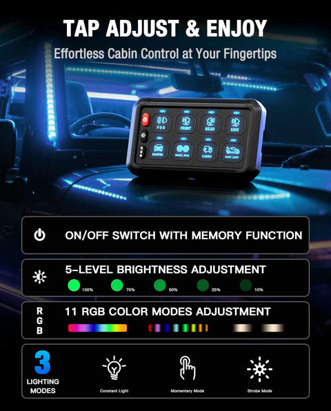 Dashboard view showing Eight Gang RGB Switch Panel With Waterproof Relay Box Adjustable Brightness Acc Wired LED Pod for vehicles