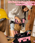 Women using Pink 247-Piece 20V Cordless Drill Kit with Driver Bits and 14 Inch Storage Bag doing home repairs.