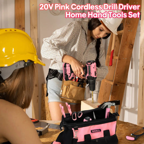 Women using Pink 247-Piece 20V Cordless Drill Kit with Driver Bits and 14 Inch Storage Bag doing home repairs.