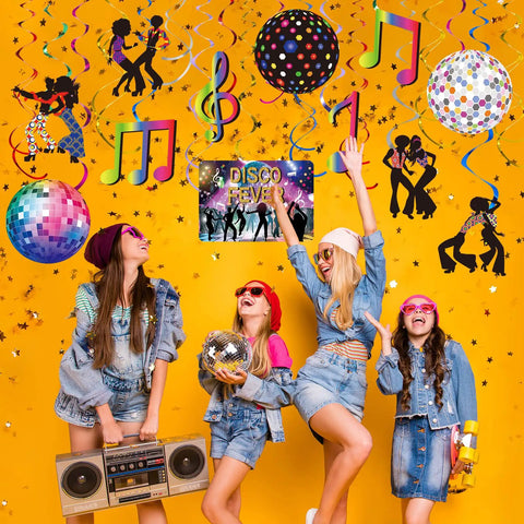 53 Piece 70s Disco Party Decorations Kit With Hanging Swirls And Disco Ball Cutouts, kids posing with retro decor
