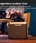 Loudbox Micro 40 Watt Acoustic Guitar Combo Amplifier Bundle With Gearlux XLR Cable Instrument Cable And Austin Bazaar Polishing Cloth For A Gig Ready Room Filling Stage Tone In A Compact Portable Package showing front view in a room setting.