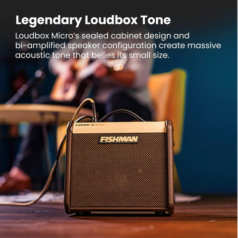 Loudbox Micro 40 Watt Acoustic Guitar Combo Amplifier Bundle With Gearlux XLR Cable Instrument Cable And Austin Bazaar Polishing Cloth For A Gig Ready Room Filling Stage Tone In A Compact Portable Package showing front view in a room setting.