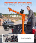 Heavy-Duty Pickup Truck Crane, 2200 Lb Load Capacity With 12V Electric Winch lifting an engine in a truck bed.