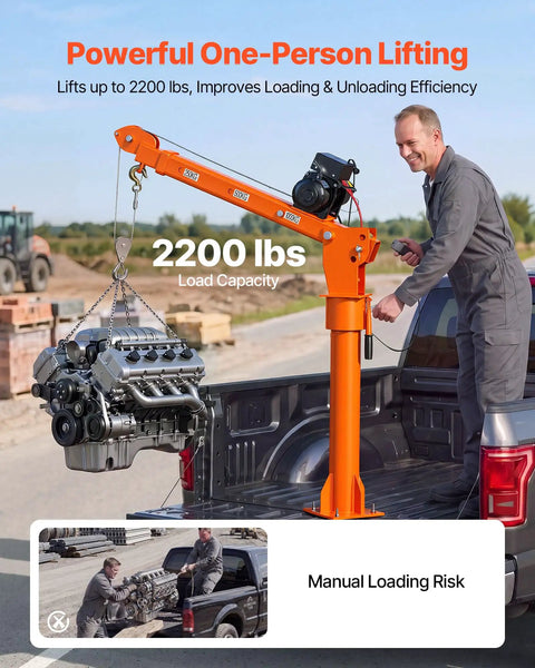 Heavy-Duty Pickup Truck Crane, 2200 Lb Load Capacity With 12V Electric Winch lifting an engine in a truck bed.