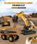 Metal RC Wheel Loader Toy With Realistic Lights And Sounds, 1 To 20 Scale, shown with remote control and construction scene