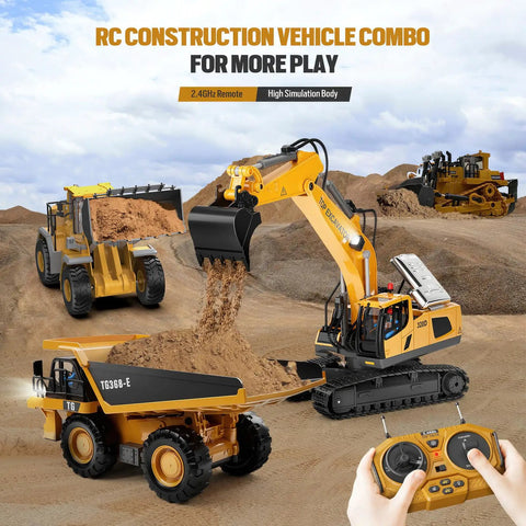 Metal RC Wheel Loader Toy With Realistic Lights And Sounds, 1 To 20 Scale, shown with remote control and construction scene