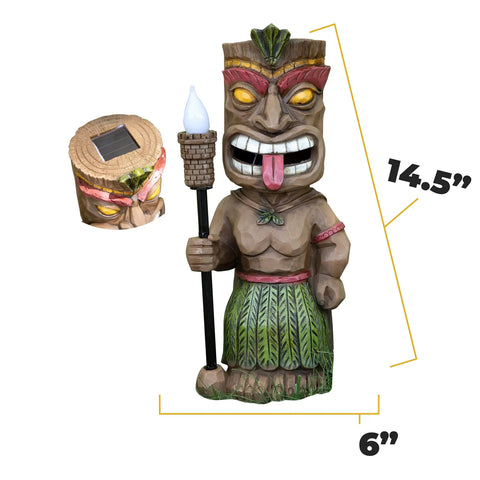 Flickering Tiki Torch Solar Light For Outdoor Decor, 14.5in polyresin statue with realistic flame, shown front view
