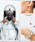 Disco Ball Helmet With Retractable Visor 5 Piece Glitter Mirror Jewelry Set For Women Party DJ Club Stage Bar Costume Accessories Silver Shine For Retro Vibes Turn Heads And Runway Party Looks