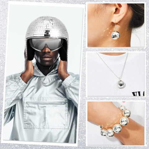 Disco Ball Helmet With Retractable Visor 5 Piece Glitter Mirror Jewelry Set For Women Party DJ Club Stage Bar Costume Accessories Silver Shine For Retro Vibes Turn Heads And Runway Party Looks