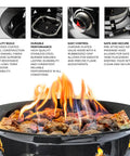 Go-To Portable Propane Fire Pit 19-Inch Smokeless Gas Firebowl With 58,000 BTU showing flame, burner, controls, and hose details.