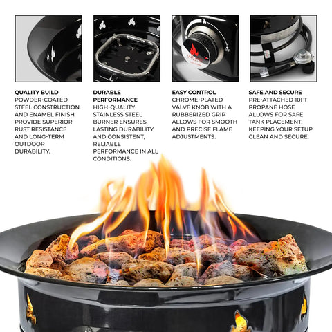 Go-To Portable Propane Fire Pit 19-Inch Smokeless Gas Firebowl With 58,000 BTU showing flame, burner, controls, and hose details.