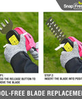 Slick Cordless Hedge Trimmer And Grass Shears 2 In 1 Lightweight Electric Bush Tool With Rechargeable Battery And Type C Charging Cable For Easy Peasy Trimming No Sweat Garden Cleanup Kit Pink showing tool-free blade replacement process.