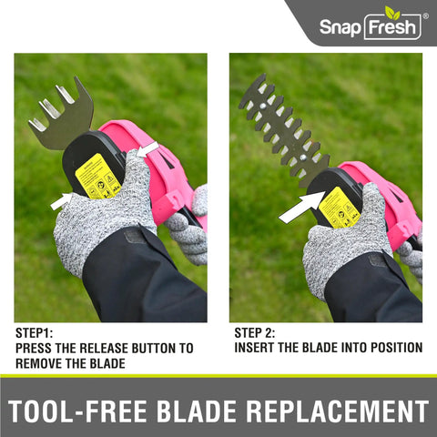 Slick Cordless Hedge Trimmer And Grass Shears 2 In 1 Lightweight Electric Bush Tool With Rechargeable Battery And Type C Charging Cable For Easy Peasy Trimming No Sweat Garden Cleanup Kit Pink showing tool-free blade replacement process.