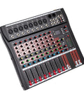 Top view of 8 Channel Bluetooth Live Audio Mixer For Pros And Beginners, 15W Studio DJ Sound Mixing Console with control knobs and sliders.