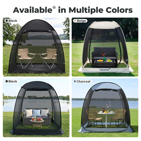 Pop Up Screen Tent 6x6 Feet Black Mesh Gazebo With Peaked Roof shown in multiple colors for outdoor use with chairs inside