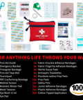 Protect Life red travel first aid kit pouch, 100-piece emergency kit with bandages, gauze, scissors, and tweezers.