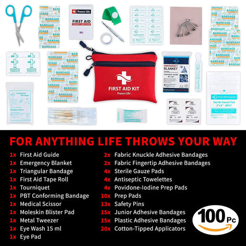 Protect Life red travel first aid kit pouch, 100-piece emergency kit with bandages, gauze, scissors, and tweezers.
